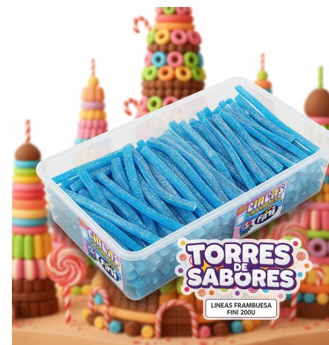 Primer plano de una caja expositora llena de Líneas de Frambuesa Fini azules con pica-pica, ideal para Candy Bars de eventos