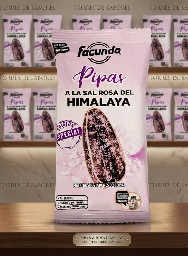 Pipas de girasol Facundo tostadas al aire con cristales de Sal Rosa del Himalaya pura